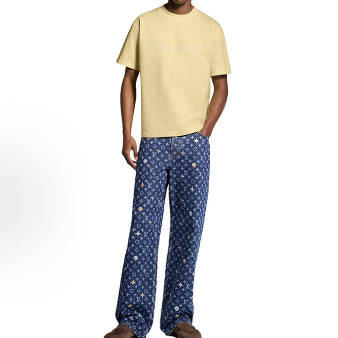 lv louis vuitton script embroidered crew neck short sleeve t-shirt